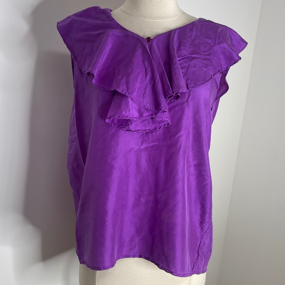 Details Express Purple 100% Silk Ruffle Neck Sleeveless Blouse Top Large Vintage